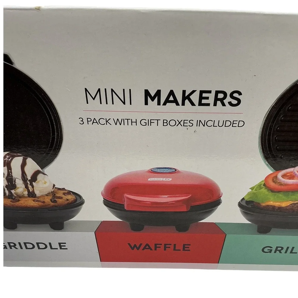 Dash Mini Makers 3 Pack Gift Set Waffle Maker Griddle‎ Grill Red White Aqua NEW